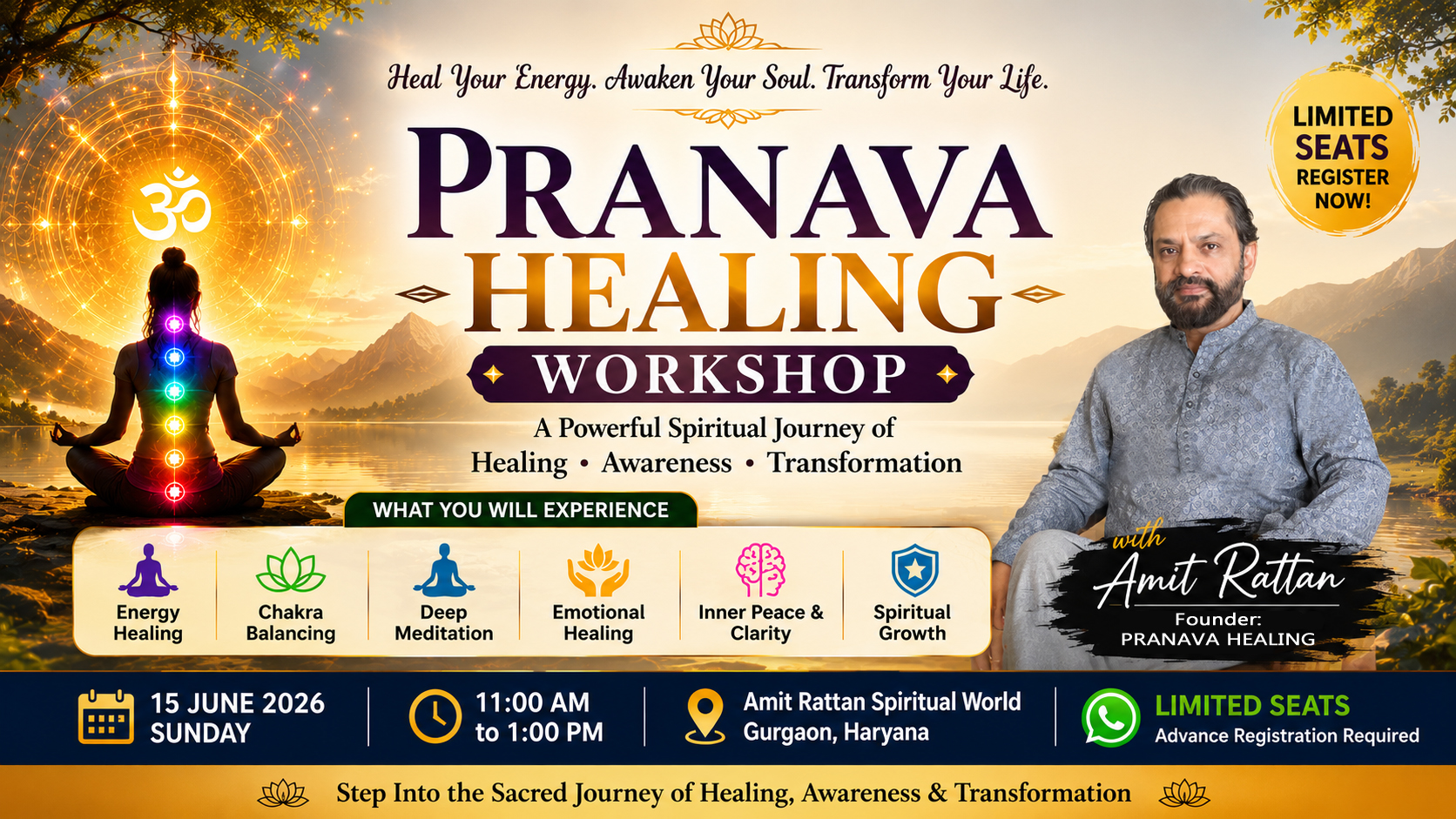 Pranava Healing Workshop by Amit Rattan featuring meditation, chakra balancing, emotional healing, and spiritual growth.